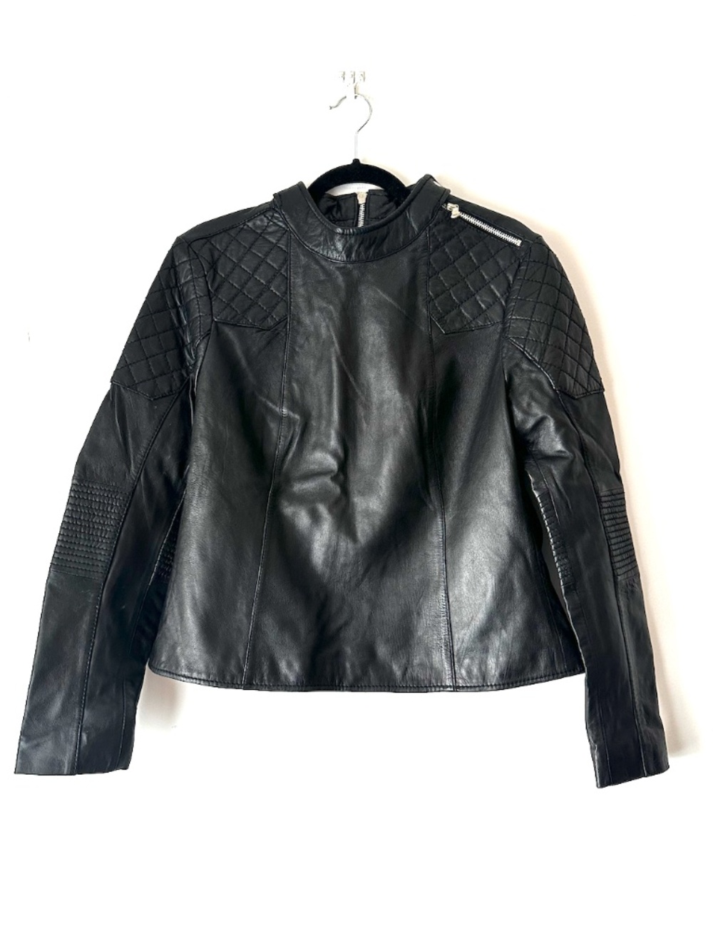 Vintage Black Leather Moto Top Back Zip Quilted Shoulder Cropped Jacket Shirt